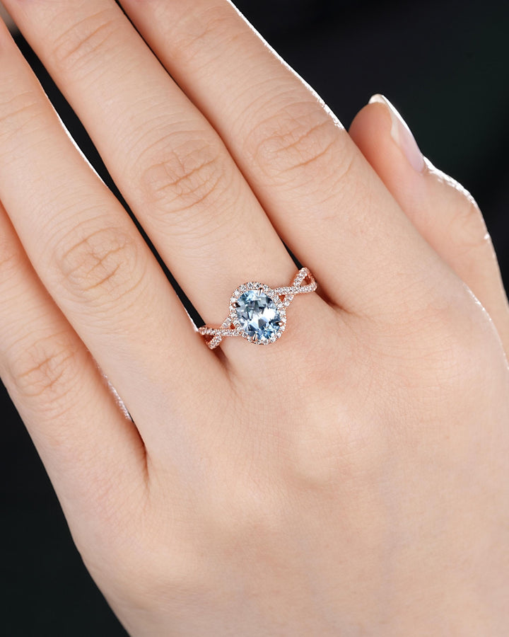Vintage Oval Shape Blue Aquamarine Halo Engagement Ring, Rose Gold Cross Band Half Eternity Promise Ring, Infinite Wedding Ring For Women - ShainJewelry
