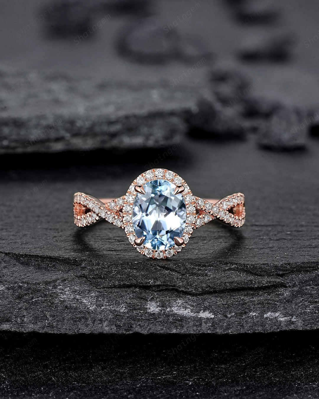 Vintage Oval Shape Blue Aquamarine Halo Engagement Ring, Rose Gold Cross Band Half Eternity Promise Ring, Infinite Wedding Ring For Women - ShainJewelry