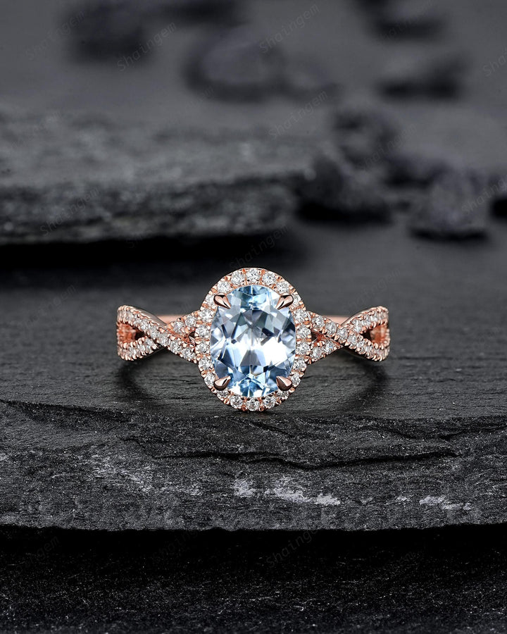 Vintage Oval Shape Blue Aquamarine Halo Engagement Ring, Rose Gold Cross Band Half Eternity Promise Ring, Infinite Wedding Ring For Women - ShainJewelry