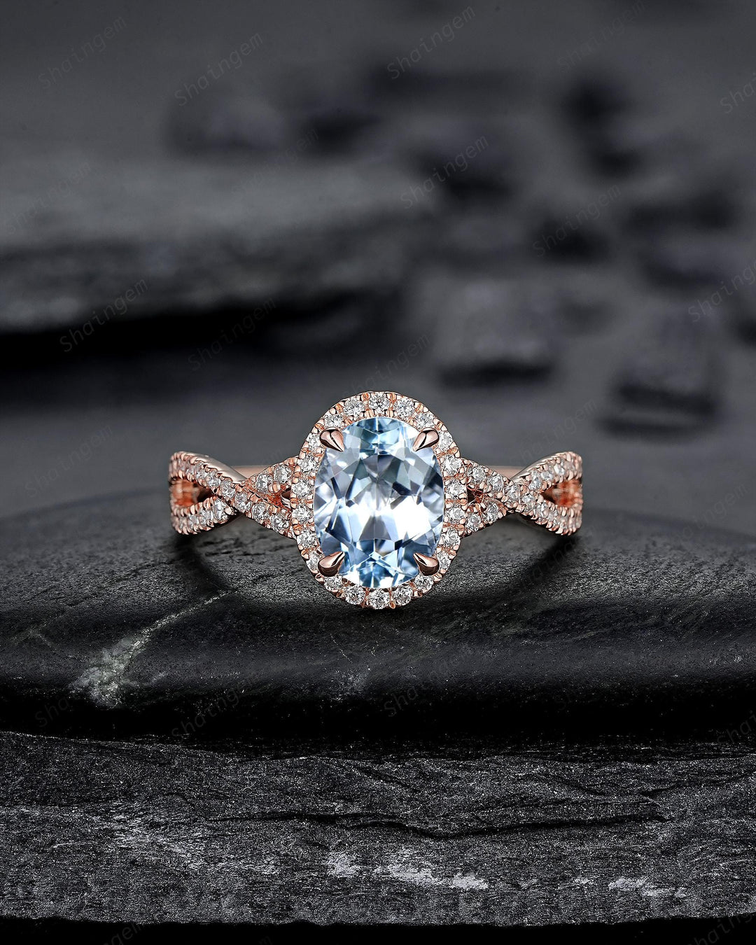 Vintage Oval Shape Blue Aquamarine Halo Engagement Ring, Rose Gold Cross Band Half Eternity Promise Ring, Infinite Wedding Ring For Women - ShainJewelry