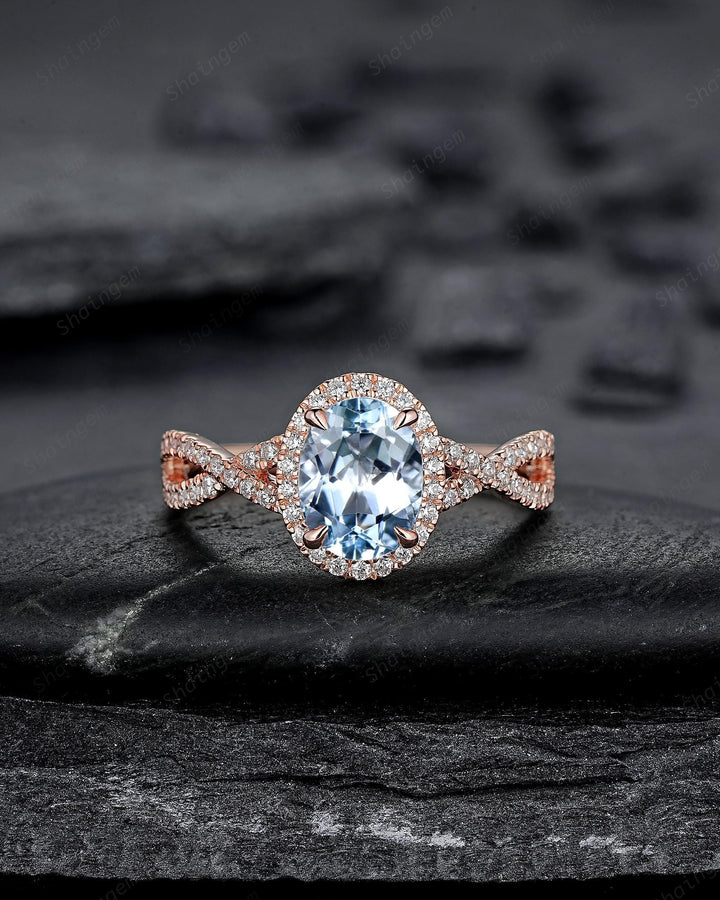 Vintage Oval Shape Blue Aquamarine Halo Engagement Ring, Rose Gold Cross Band Half Eternity Promise Ring, Infinite Wedding Ring For Women - ShainJewelry