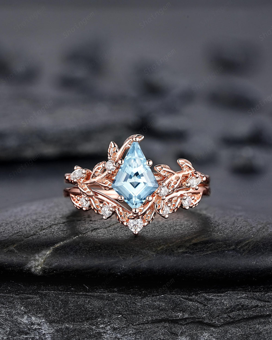 Vintage Kite Cut Aquamarine Leaf Engagement Ring Unique Rose Gold Twig Branch Vine Wedding Set Nature Inspired Promise Ring March Birthstone - ShainJewelry