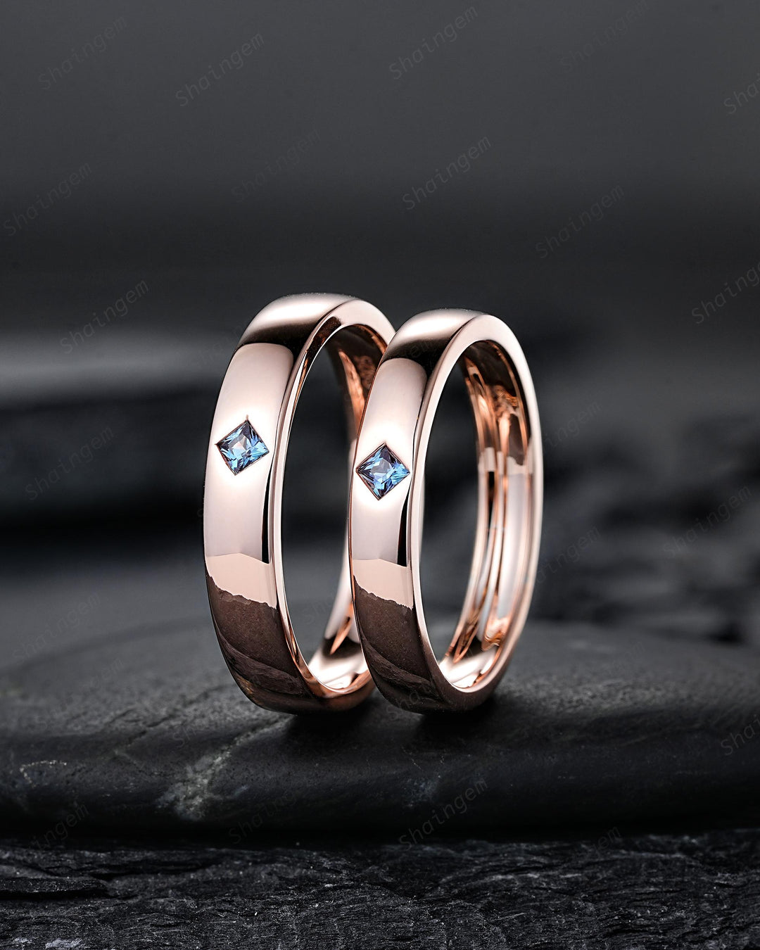 Princess Cut Alexandrite Couple Ring Set, Rose Gold His and Hers Matching Wedding Bands, Engagement Ring For Women And Men Promise Ring Set - ShainJewelry