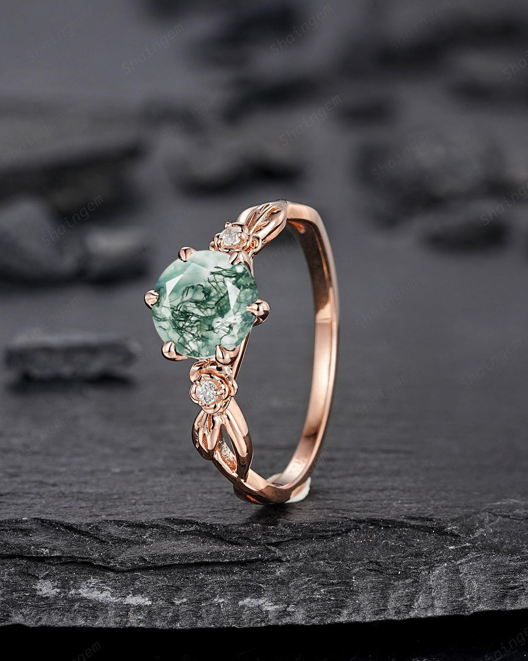 Unique Round Cut Moss Agate Leaf Engagement Ring, Vintage 14K Rose Gold Promise Wedding Ring, Silver 925 Floral Anniversary Ring for Women - ShainJewelry