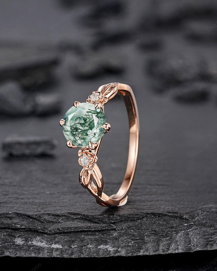 Unique Round Cut Moss Agate Leaf Engagement Ring, Vintage 14K Rose Gold Promise Wedding Ring, Silver 925 Floral Anniversary Ring for Women - ShainJewelry