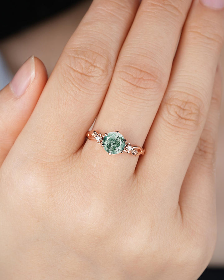 Unique Round Cut Moss Agate Leaf Engagement Ring, Vintage 14K Rose Gold Promise Wedding Ring, Silver 925 Floral Anniversary Ring for Women - ShainJewelry