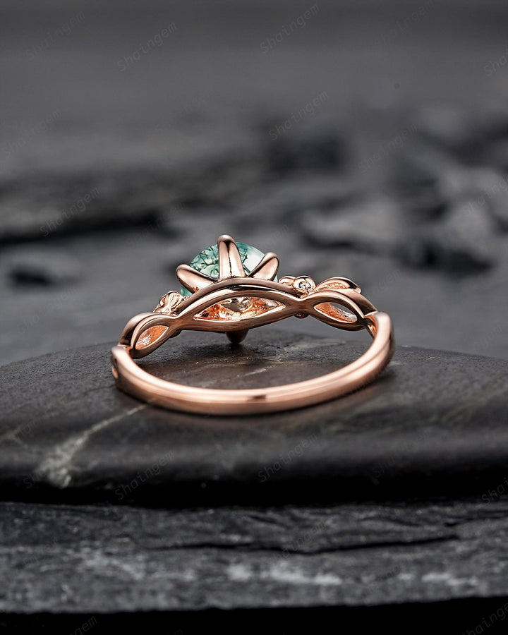 Unique Round Cut Moss Agate Leaf Engagement Ring, Vintage 14K Rose Gold Promise Wedding Ring, Silver 925 Floral Anniversary Ring for Women - ShainJewelry