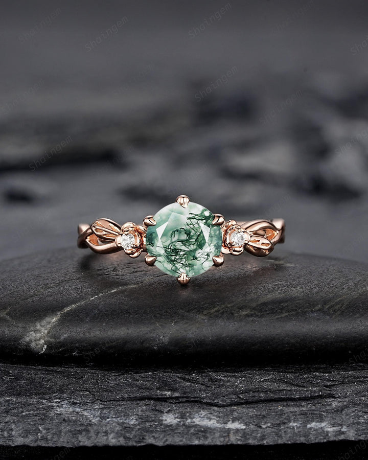 Unique Round Cut Moss Agate Leaf Engagement Ring, Vintage 14K Rose Gold Promise Wedding Ring, Silver 925 Floral Anniversary Ring for Women - ShainJewelry