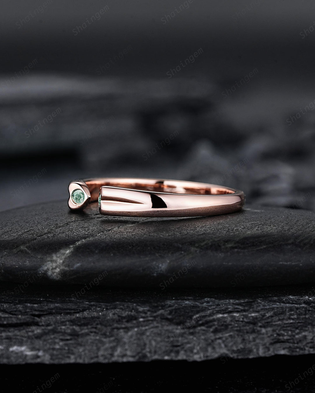Open Gap Heart Shape Moss Agate Wedding Band, Rose Gold Engagement Band, Simple Matching Band, Promise Ring, Engagement ring Gift for Women - ShainJewelry