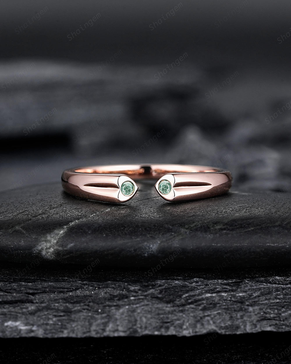 Open Gap Heart Shape Moss Agate Wedding Band, Rose Gold Engagement Band, Simple Matching Band, Promise Ring, Engagement ring Gift for Women - ShainJewelry