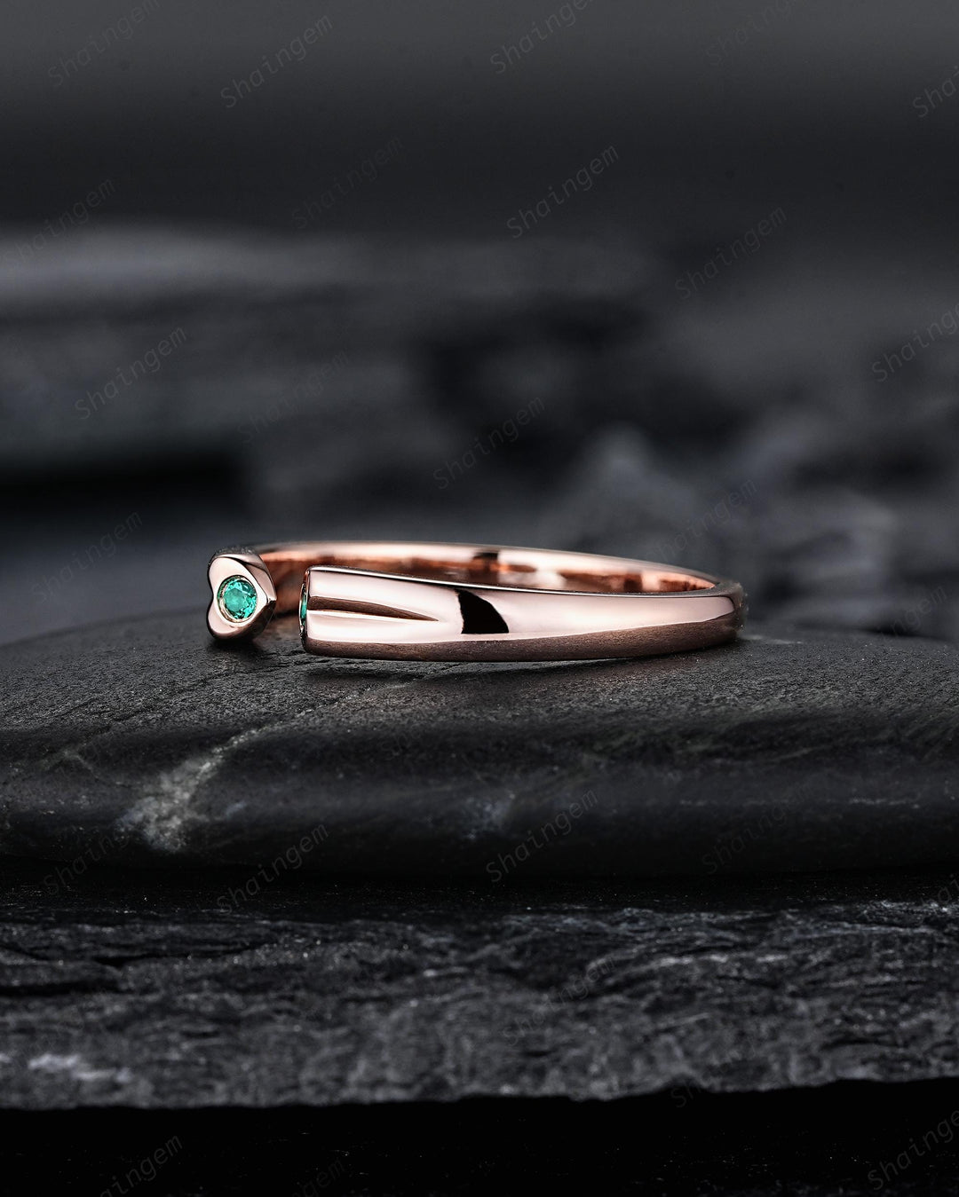 Open Gap Heart Shape Emerald Wedding Band, Rose Gold Engagement Band, Simple Matching Band, Promise Engagement Posy ring Gift for Women Her - ShainJewelry