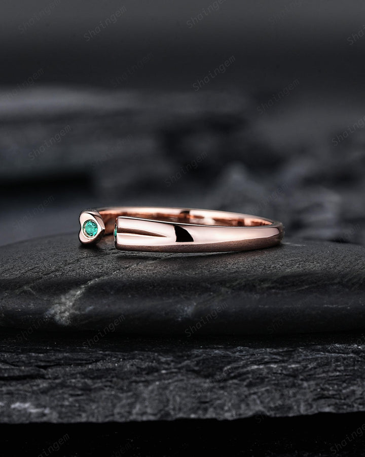 Open Gap Heart Shape Emerald Wedding Band, Rose Gold Engagement Band, Simple Matching Band, Promise Engagement Posy ring Gift for Women Her - ShainJewelry