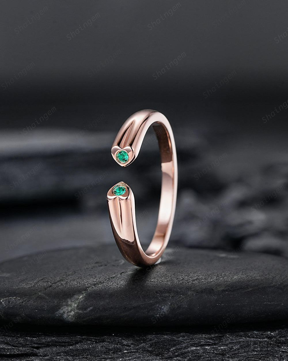 Open Gap Heart Shape Emerald Wedding Band, Rose Gold Engagement Band, Simple Matching Band, Promise Engagement Posy ring Gift for Women Her - ShainJewelry