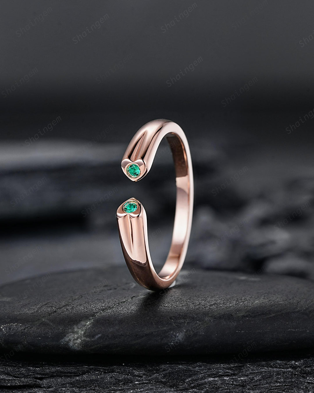 Open Gap Heart Shape Emerald Wedding Band, Rose Gold Engagement Band, Simple Matching Band, Promise Engagement Posy ring Gift for Women Her - ShainJewelry
