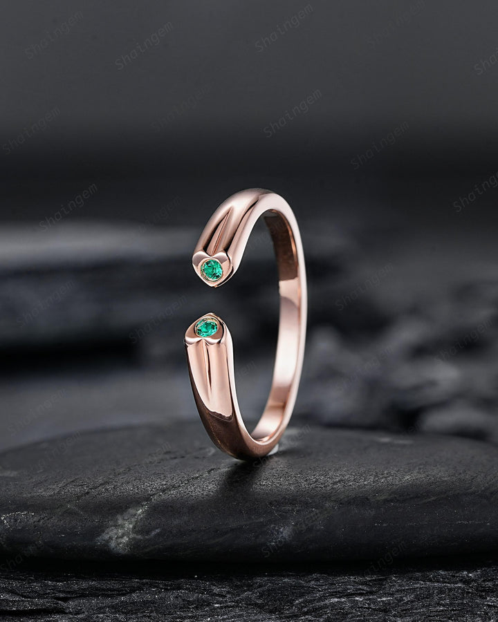 Open Gap Heart Shape Emerald Wedding Band, Rose Gold Engagement Band, Simple Matching Band, Promise Engagement Posy ring Gift for Women Her - ShainJewelry