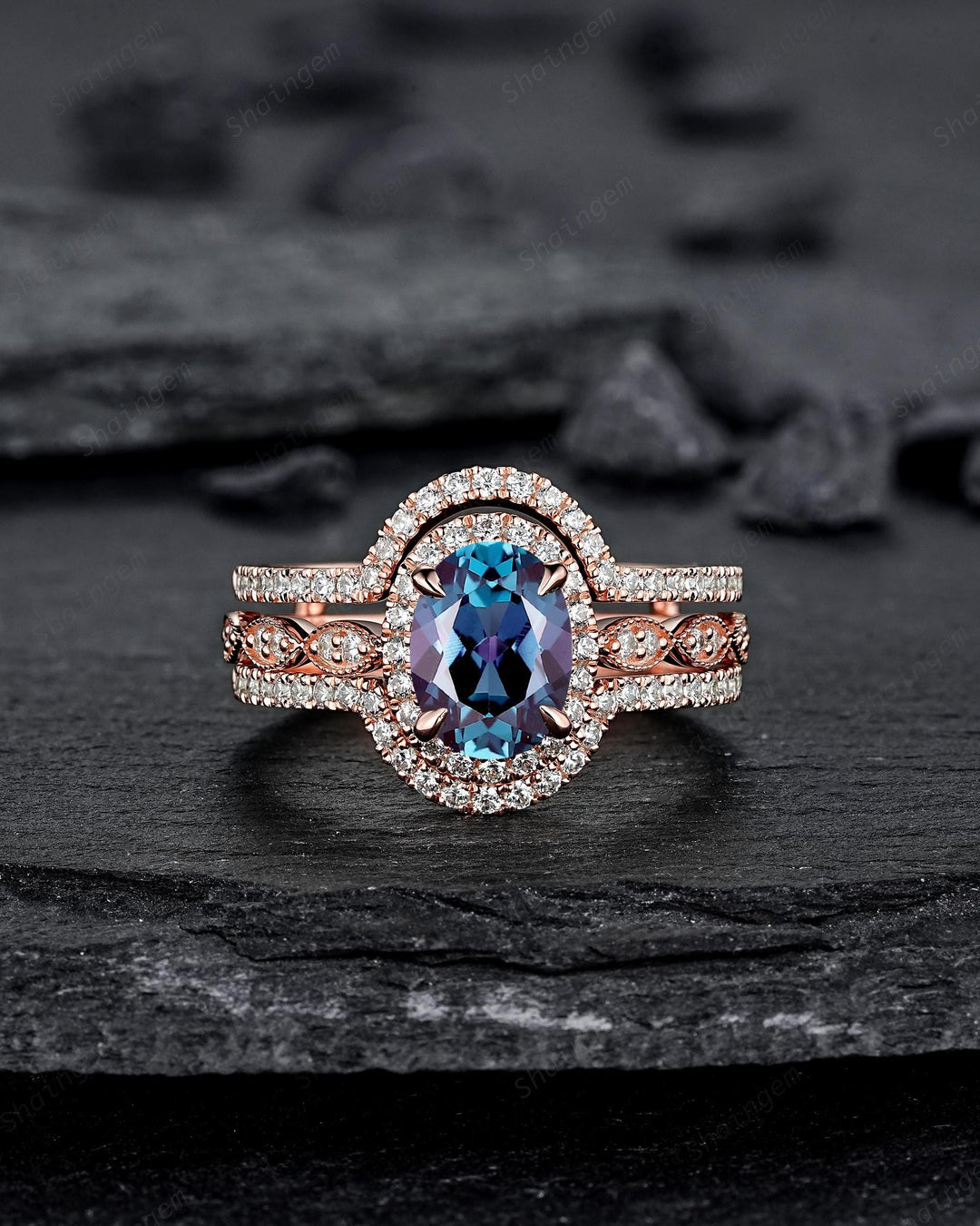 3PCS Oval Shape Alexandrite Engagement Rings, V Shape Ring Guard Spacer Curved Soldered Band Halo Rose Gold Wedding Promise Ring for Woman - ShainJewelry