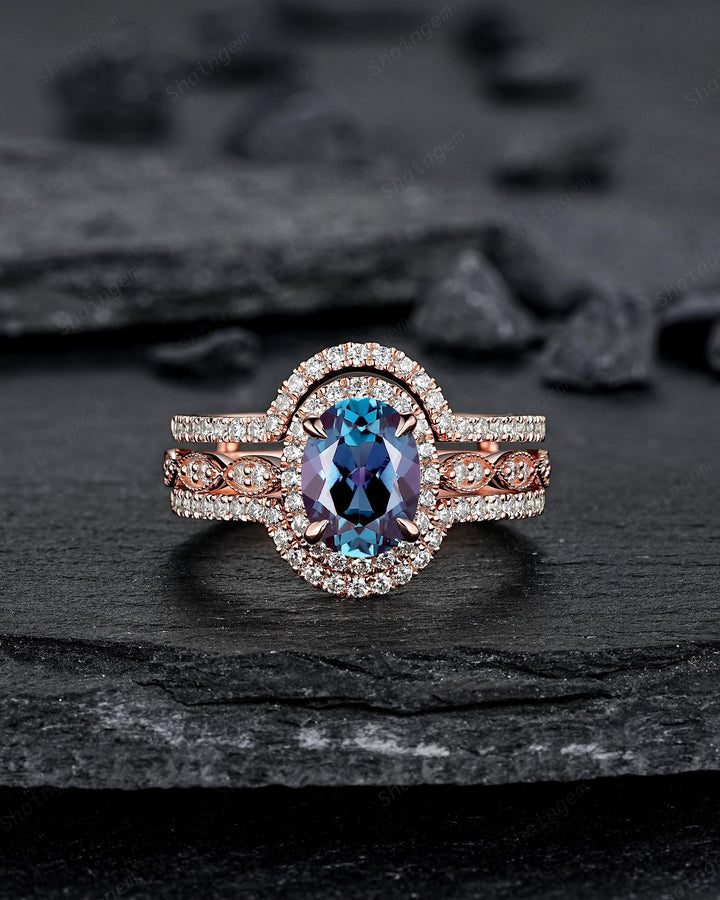 3PCS Oval Shape Alexandrite Engagement Rings, V Shape Ring Guard Spacer Curved Soldered Band Halo Rose Gold Wedding Promise Ring for Woman - ShainJewelry