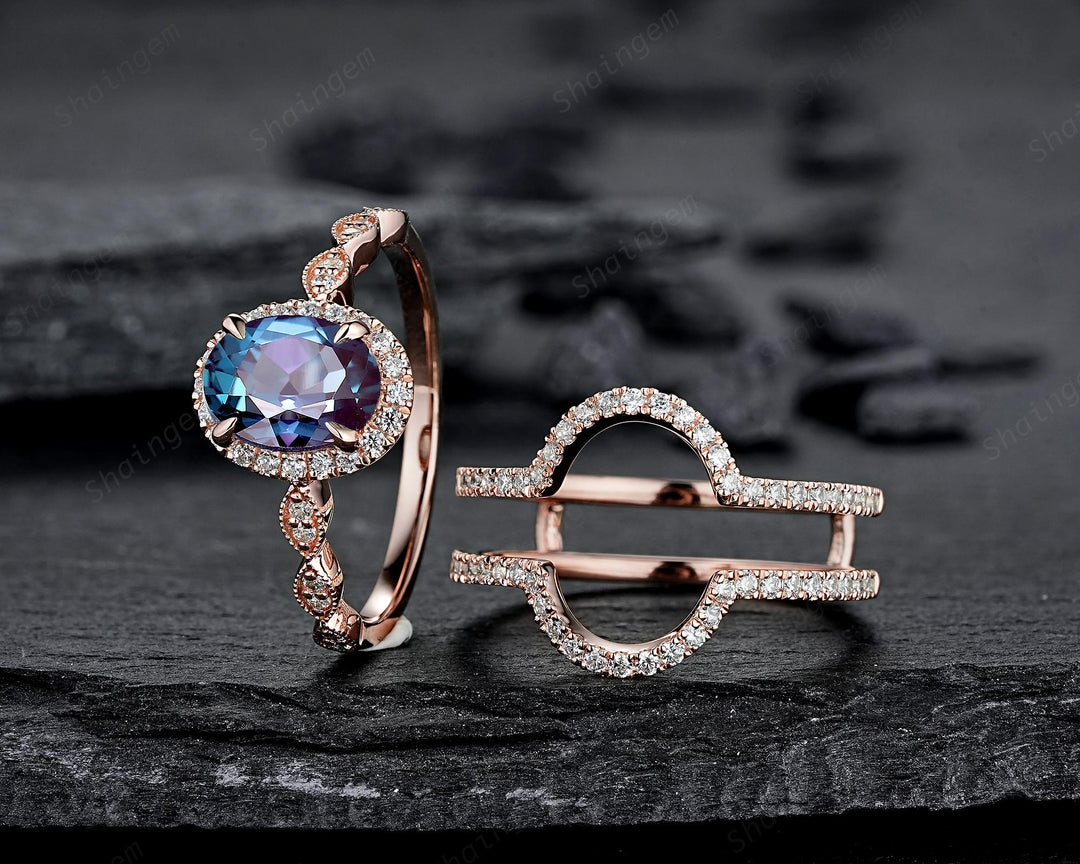 3PCS Oval Shape Alexandrite Engagement Rings, V Shape Ring Guard Spacer Curved Soldered Band Halo Rose Gold Wedding Promise Ring for Woman - ShainJewelry