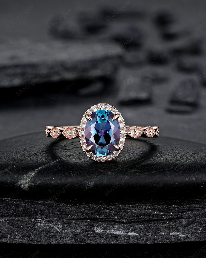3PCS Oval Shape Alexandrite Engagement Rings, V Shape Ring Guard Spacer Curved Soldered Band Halo Rose Gold Wedding Promise Ring for Woman - ShainJewelry