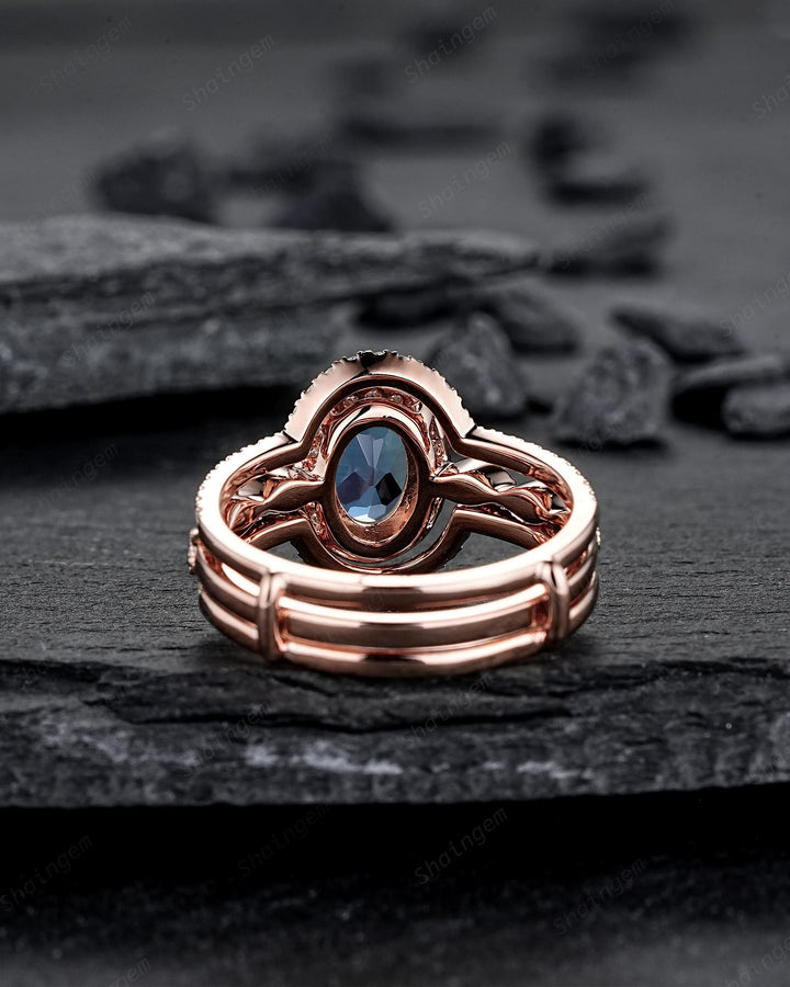 3PCS Oval Shape Alexandrite Engagement Rings, V Shape Ring Guard Spacer Curved Soldered Band Halo Rose Gold Wedding Promise Ring for Woman - ShainJewelry