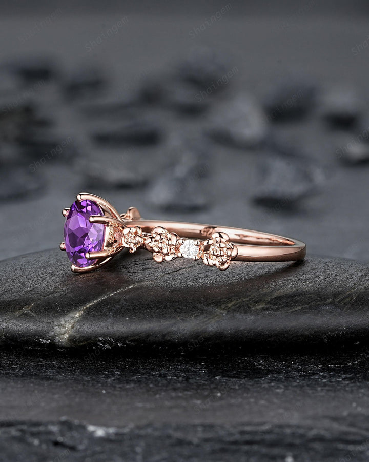 Nature Inspired Round Cut Violet Purple Sapphire Engagement Ring, Vintage Rose Flower Wedding Ring, Rose Gold Floral Promise Ring Gift Women - ShainJewelry