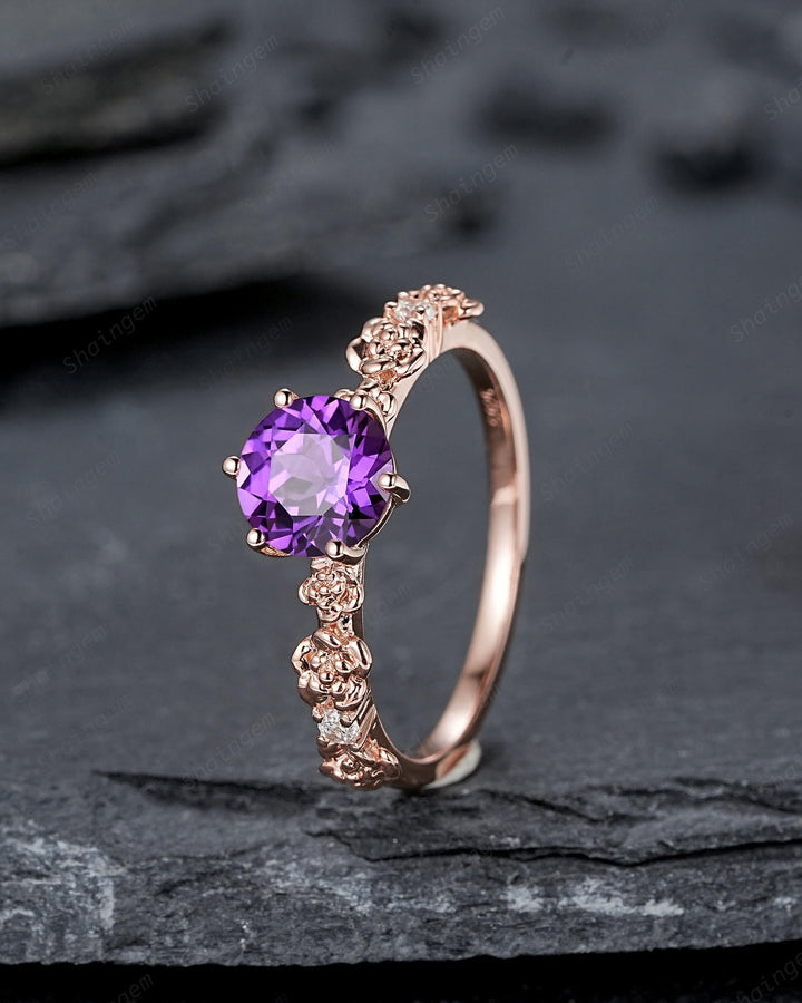 Nature Inspired Round Cut Violet Purple Sapphire Engagement Ring, Vintage Rose Flower Wedding Ring, Rose Gold Floral Promise Ring Gift Women - ShainJewelry