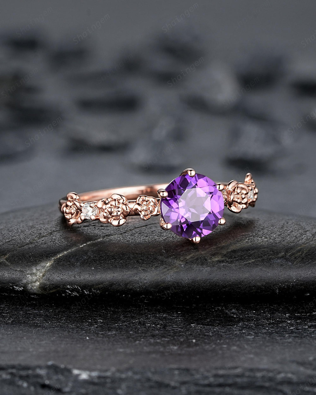 Nature Inspired Round Cut Violet Purple Sapphire Engagement Ring, Vintage Rose Flower Wedding Ring, Rose Gold Floral Promise Ring Gift Women - ShainJewelry