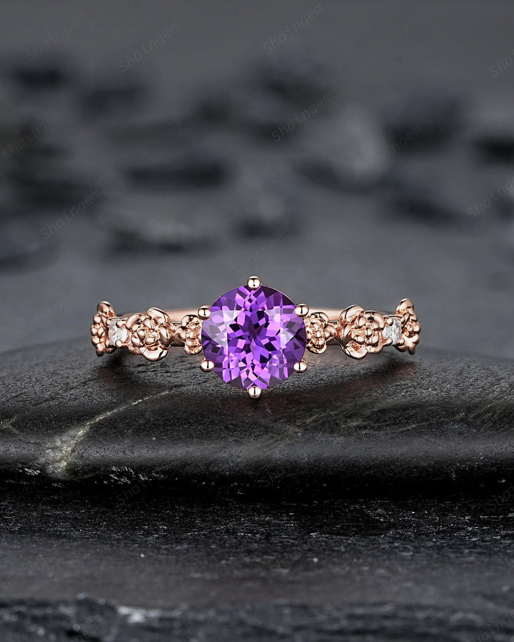 Nature Inspired Round Cut Violet Purple Sapphire Engagement Ring, Vintage Rose Flower Wedding Ring, Rose Gold Floral Promise Ring Gift Women - ShainJewelry