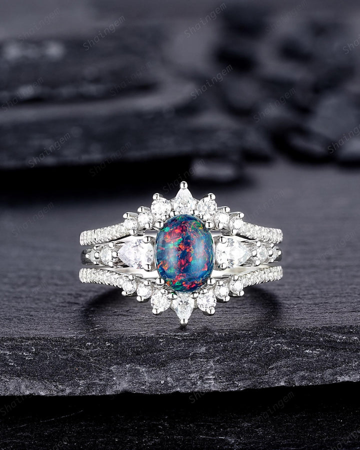 3PCS Unique Oval Shape Black Fire Opal Engagement Ring, Vintage 14K 18K White Gold Halo Wedding Ring Set, Platinum Bridal Set Promise Ring - ShainJewelry