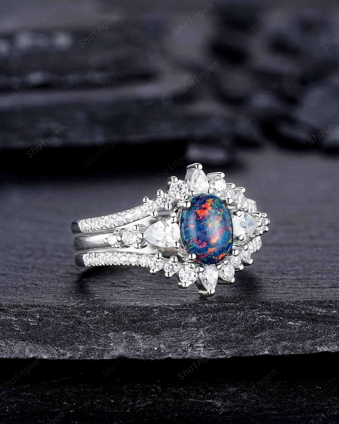 3PCS Unique Oval Shape Black Fire Opal Engagement Ring, Vintage 14K 18K White Gold Halo Wedding Ring Set, Platinum Bridal Set Promise Ring - ShainJewelry