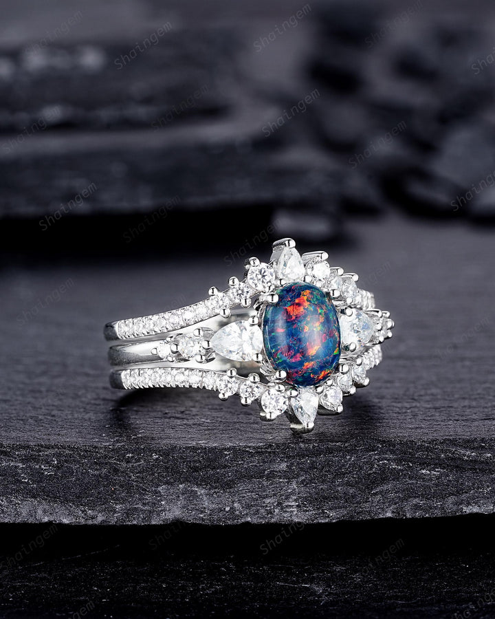 3PCS Unique Oval Shape Black Fire Opal Engagement Ring, Vintage 14K 18K White Gold Halo Wedding Ring Set, Platinum Bridal Set Promise Ring - ShainJewelry