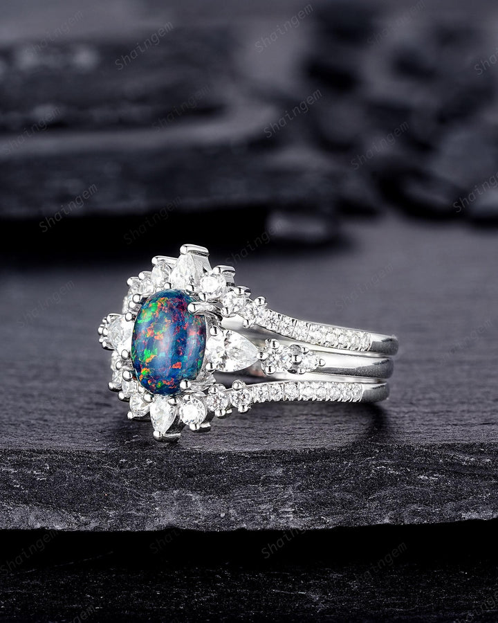 3PCS Unique Oval Shape Black Fire Opal Engagement Ring, Vintage 14K 18K White Gold Halo Wedding Ring Set, Platinum Bridal Set Promise Ring - ShainJewelry