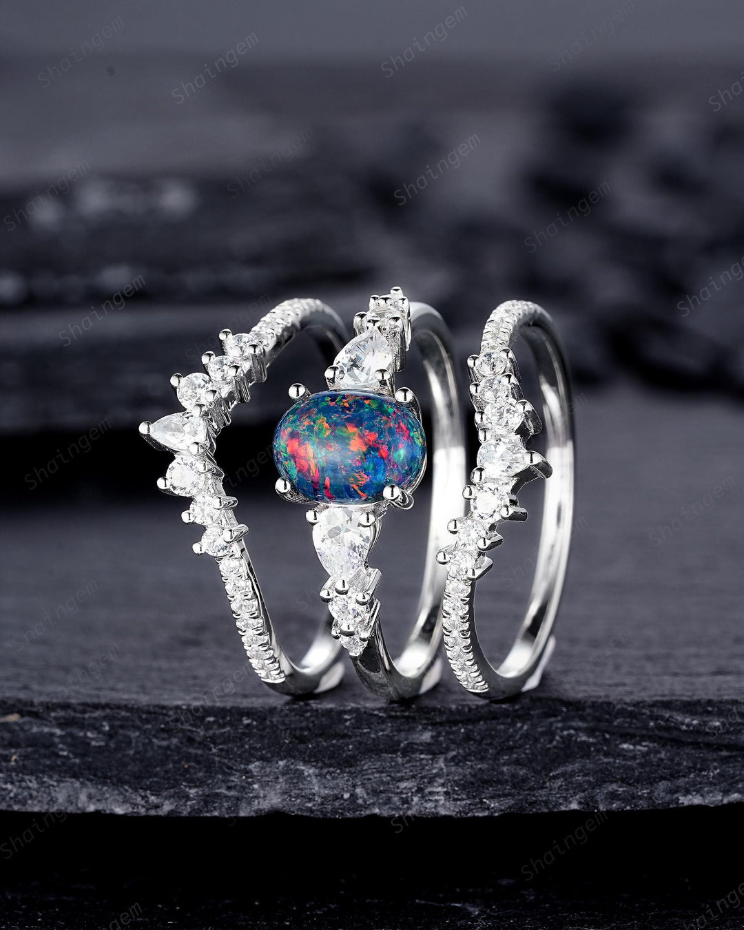 3PCS Unique Oval Shape Black Fire Opal Engagement Ring, Vintage 14K 18K White Gold Halo Wedding Ring Set, Platinum Bridal Set Promise Ring - ShainJewelry