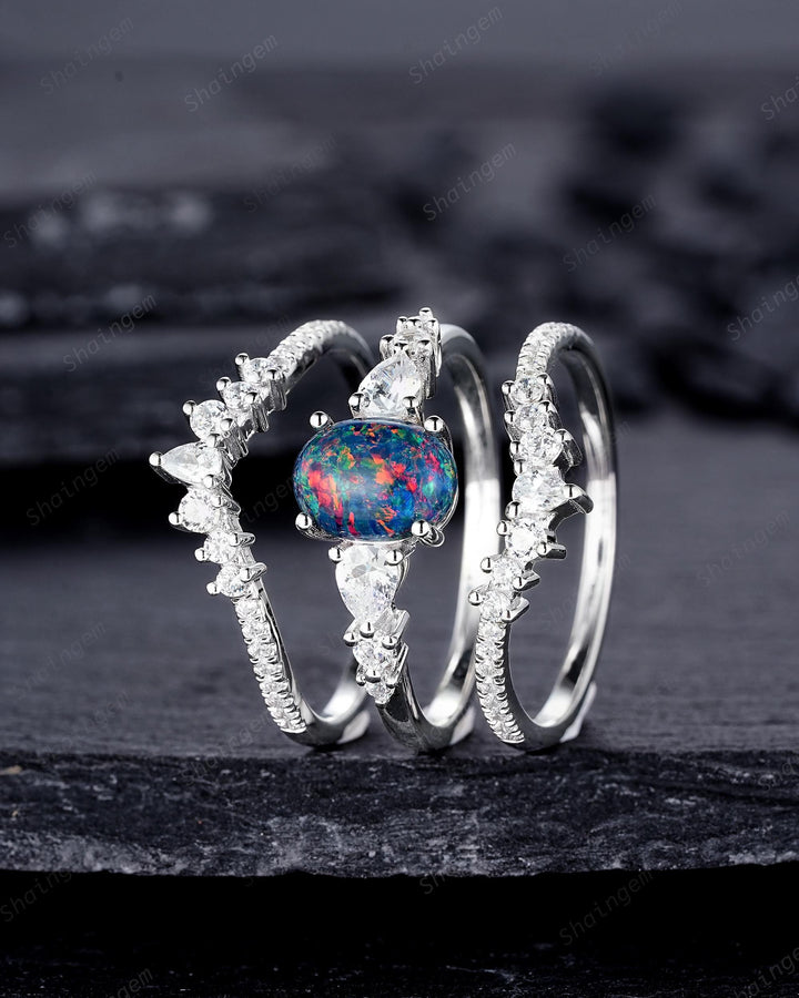 3PCS Unique Oval Shape Black Fire Opal Engagement Ring, Vintage 14K 18K White Gold Halo Wedding Ring Set, Platinum Bridal Set Promise Ring - ShainJewelry