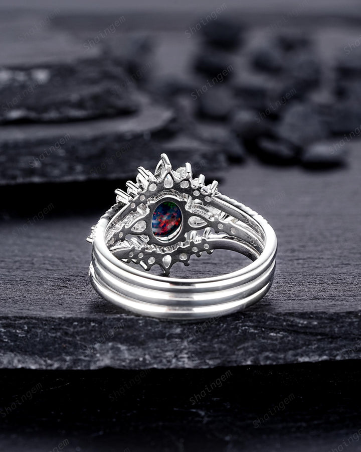 3PCS Unique Oval Shape Black Fire Opal Engagement Ring, Vintage 14K 18K White Gold Halo Wedding Ring Set, Platinum Bridal Set Promise Ring - ShainJewelry