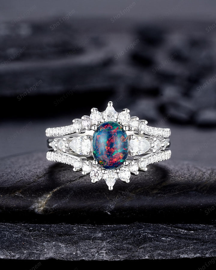 3PCS Unique Oval Shape Black Fire Opal Engagement Ring, Vintage 14K 18K White Gold Halo Wedding Ring Set, Platinum Bridal Set Promise Ring - ShainJewelry