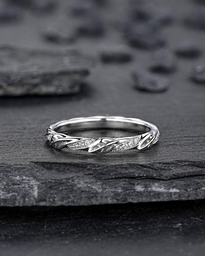 Platinum Diamond Leaf Wedding Band, Silver 925 Half Eternity Moissanite Engagement Promise Ring, Straight White Gold Matching Band for her - ShainJewelry