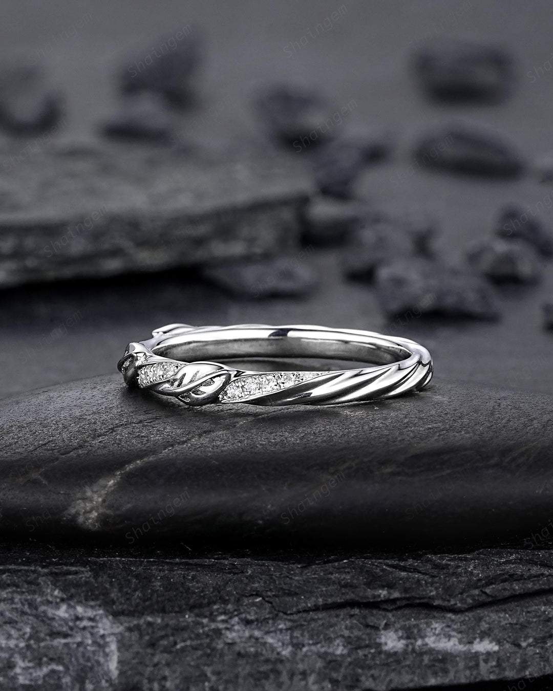 Platinum Diamond Leaf Wedding Band, Silver 925 Half Eternity Moissanite Engagement Promise Ring, Straight White Gold Matching Band for her - ShainJewelry