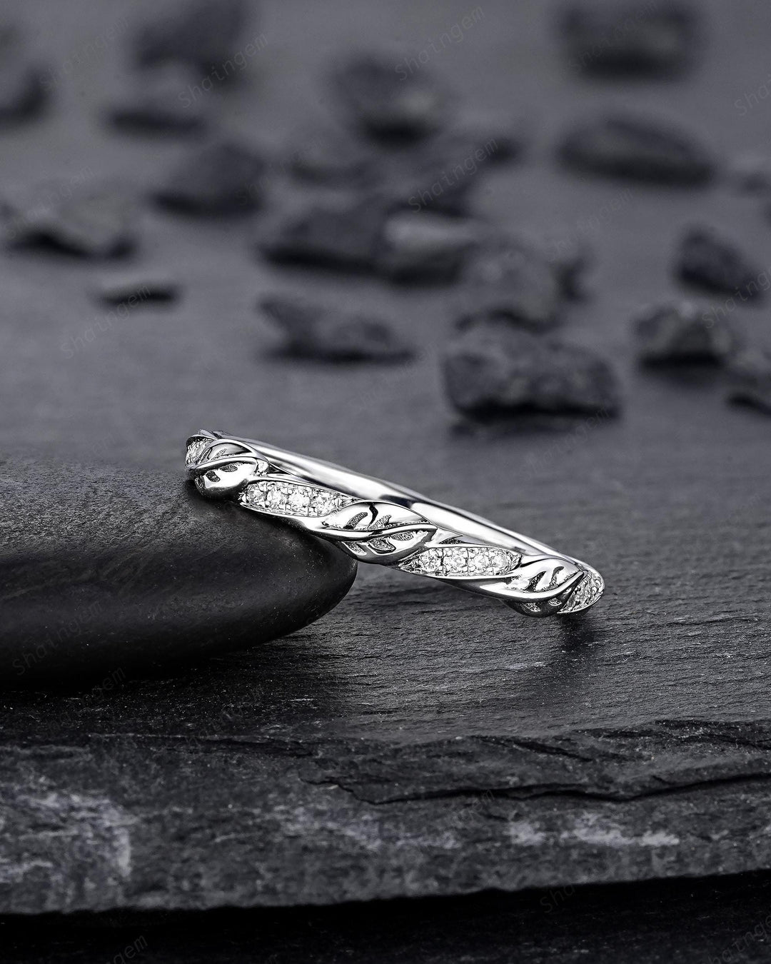 Platinum Diamond Leaf Wedding Band, Silver 925 Half Eternity Moissanite Engagement Promise Ring, Straight White Gold Matching Band for her - ShainJewelry