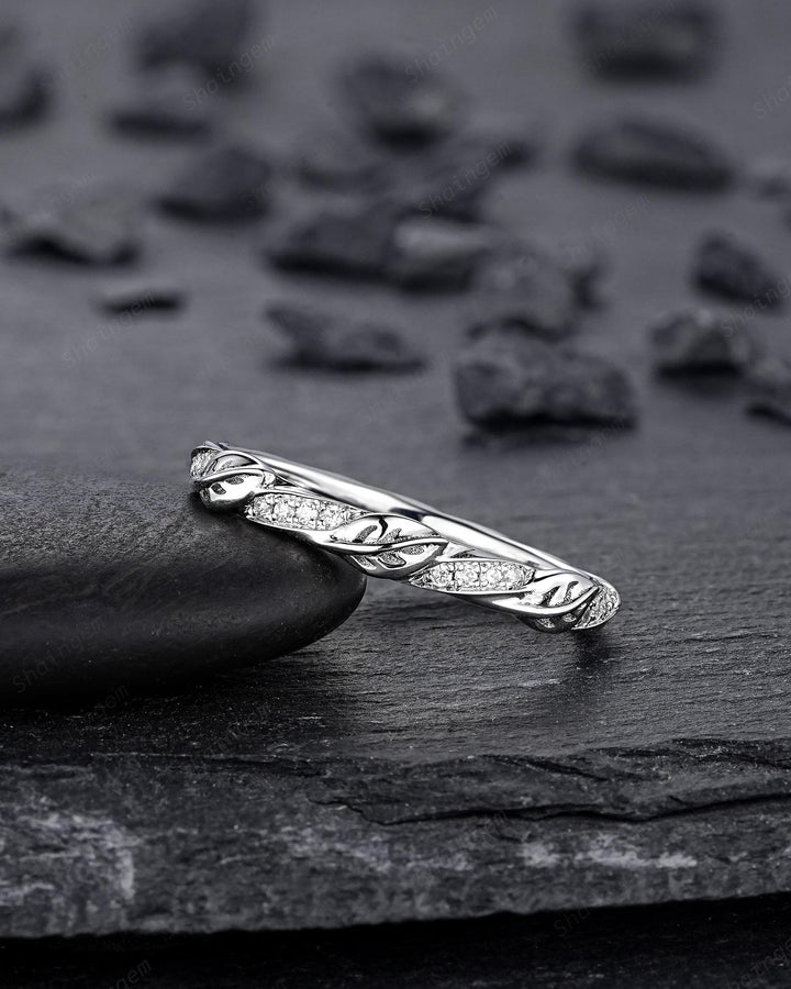 Platinum Diamond Leaf Wedding Band, Silver 925 Half Eternity Moissanite Engagement Promise Ring, Straight White Gold Matching Band for her - ShainJewelry