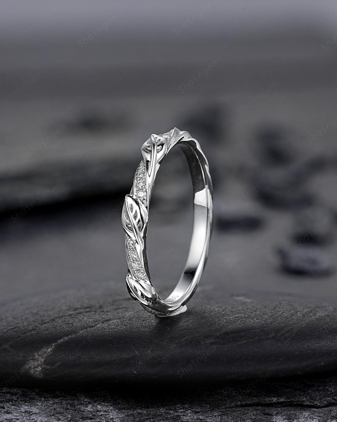 Platinum Diamond Leaf Wedding Band, Silver 925 Half Eternity Moissanite Engagement Promise Ring, Straight White Gold Matching Band for her - ShainJewelry