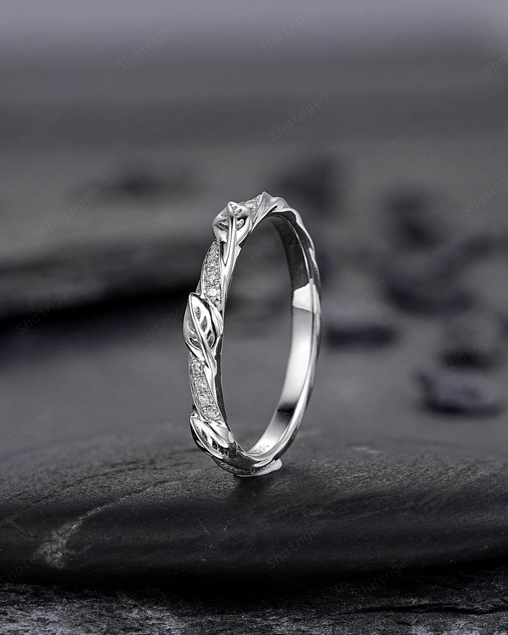 Platinum Diamond Leaf Wedding Band, Silver 925 Half Eternity Moissanite Engagement Promise Ring, Straight White Gold Matching Band for her - ShainJewelry