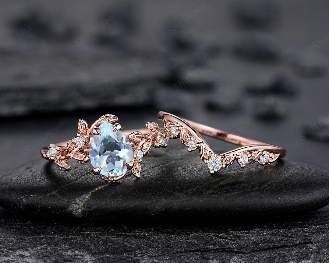 Nature Inspired Pear Shape Aquamarine Leaf Engagement Ring Rose Gold Vine Wedding Set, Twig Branch Promise Ring for Women, March Birthstone - ShainJewelry