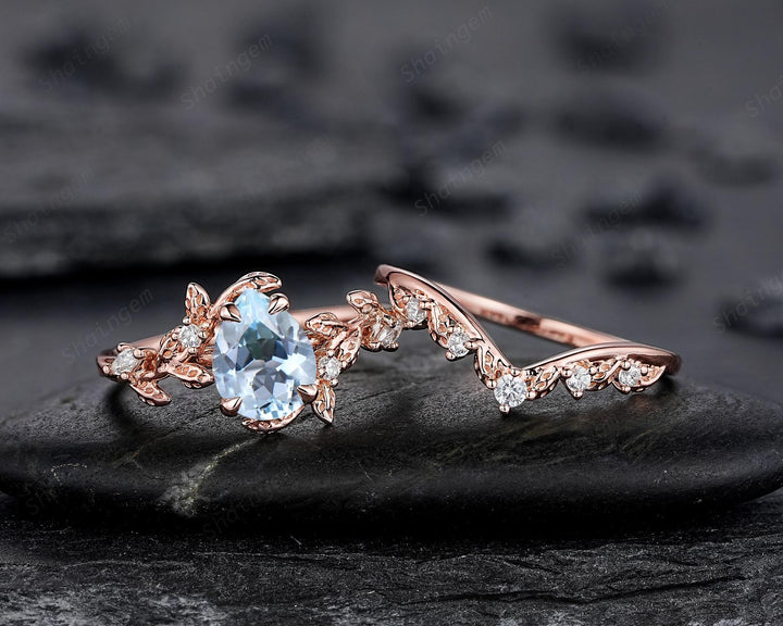 Nature Inspired Pear Shape Aquamarine Leaf Engagement Ring Rose Gold Vine Wedding Set, Twig Branch Promise Ring for Women, March Birthstone - ShainJewelry