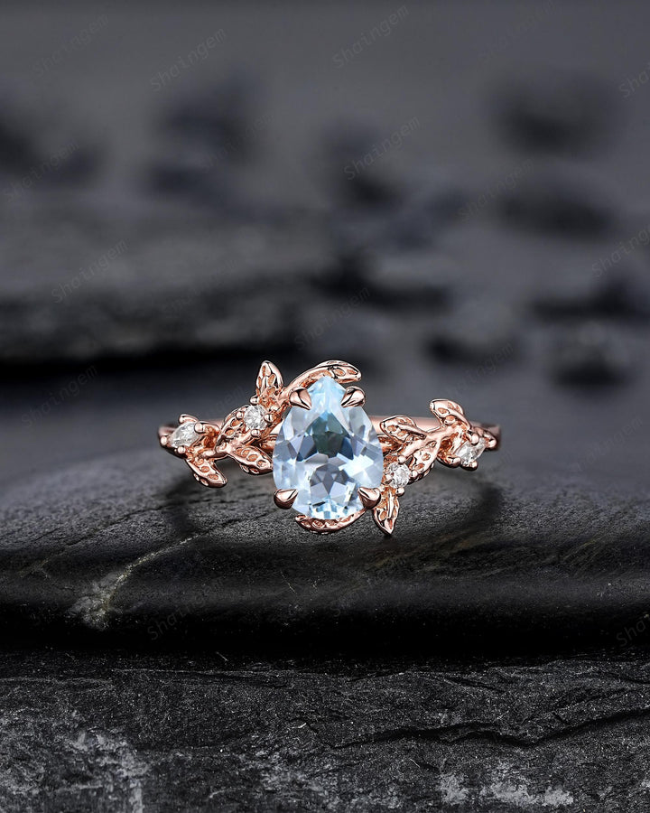 Nature Inspired Pear Shape Aquamarine Leaf Engagement Ring Rose Gold Vine Wedding Set, Twig Branch Promise Ring for Women, March Birthstone - ShainJewelry