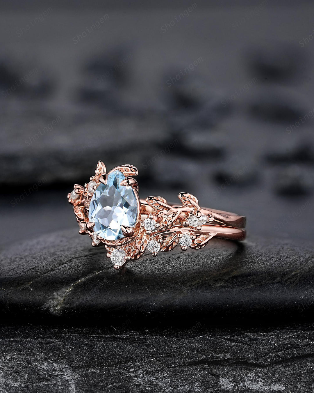 Nature Inspired Pear Shape Aquamarine Leaf Engagement Ring Rose Gold Vine Wedding Set, Twig Branch Promise Ring for Women, March Birthstone - ShainJewelry