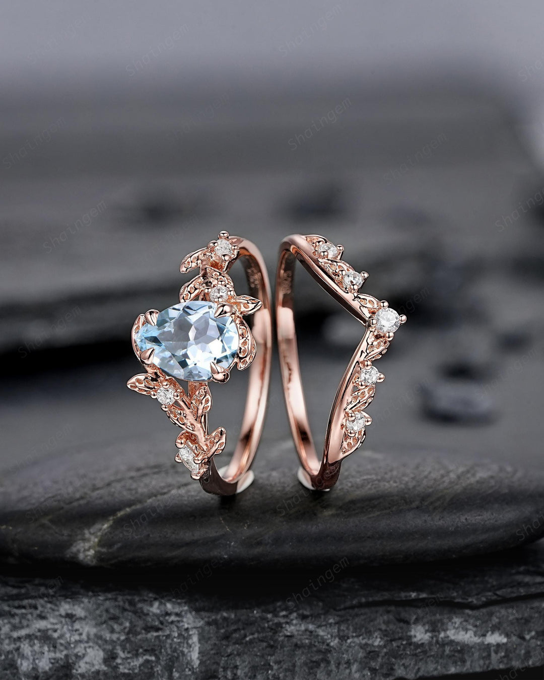 Nature Inspired Pear Shape Aquamarine Leaf Engagement Ring Rose Gold Vine Wedding Set, Twig Branch Promise Ring for Women, March Birthstone - ShainJewelry
