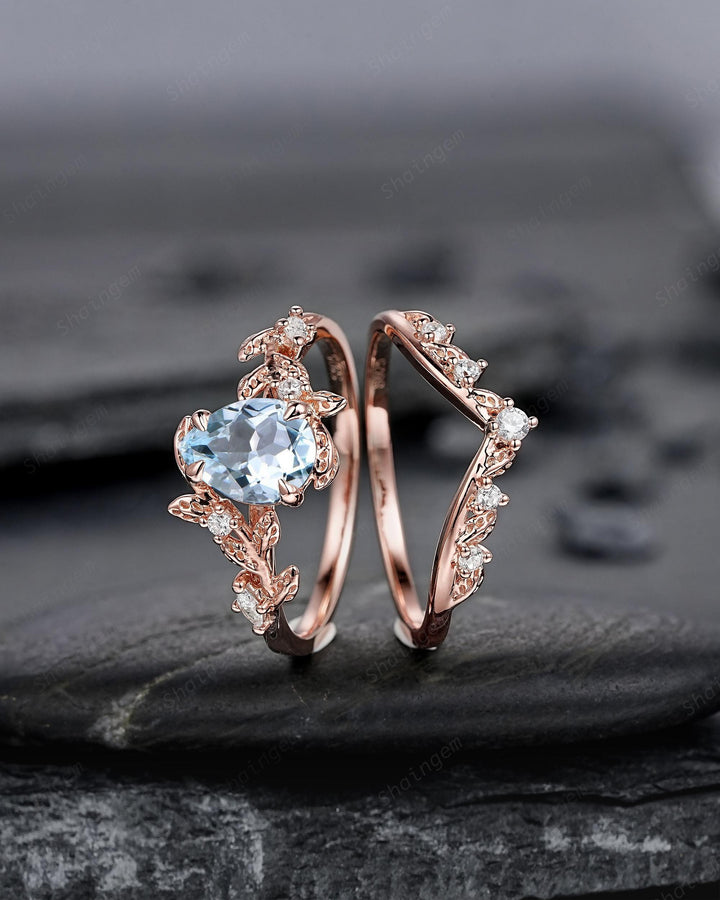 Nature Inspired Pear Shape Aquamarine Leaf Engagement Ring Rose Gold Vine Wedding Set, Twig Branch Promise Ring for Women, March Birthstone - ShainJewelry