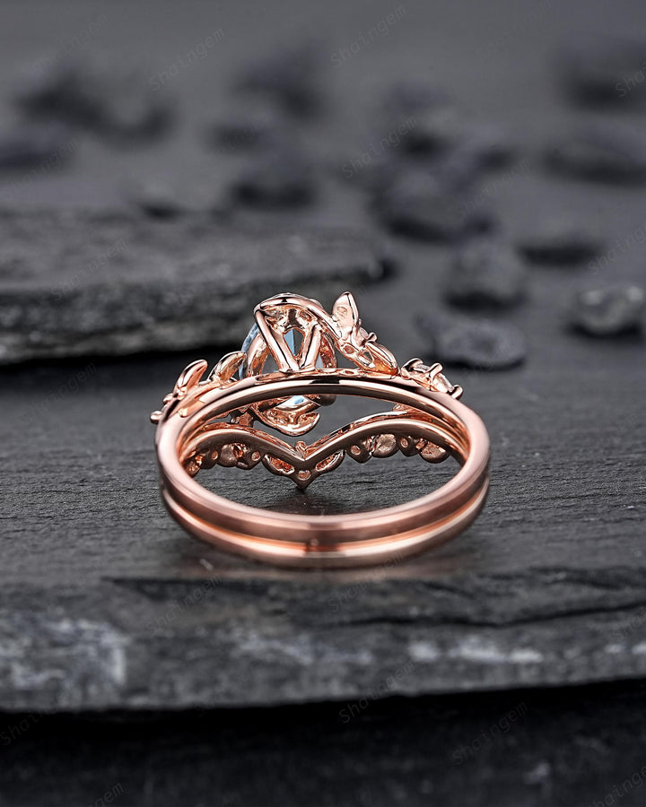 Nature Inspired Pear Shape Aquamarine Leaf Engagement Ring Rose Gold Vine Wedding Set, Twig Branch Promise Ring for Women, March Birthstone - ShainJewelry