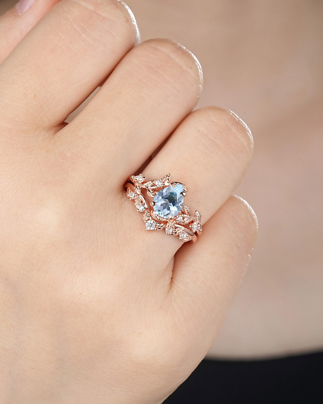 Nature Inspired Pear Shape Aquamarine Leaf Engagement Ring Rose Gold Vine Wedding Set, Twig Branch Promise Ring for Women, March Birthstone - ShainJewelry